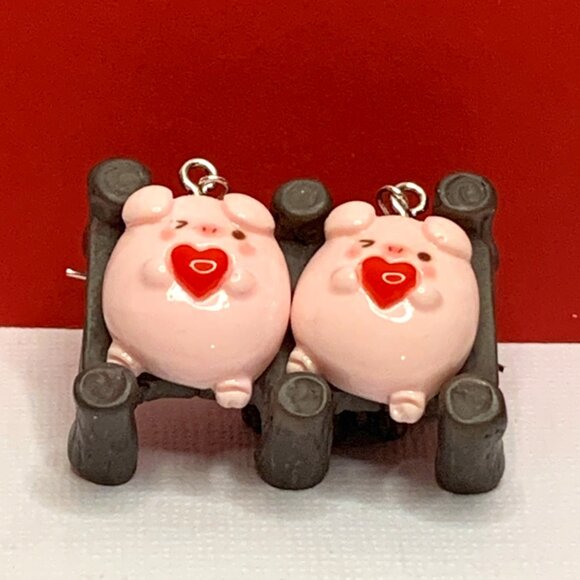 Pig Earring, Gift Idea, Silly Animal Earring, Heart Earring, Valentine's Day - Picture 1 of 7